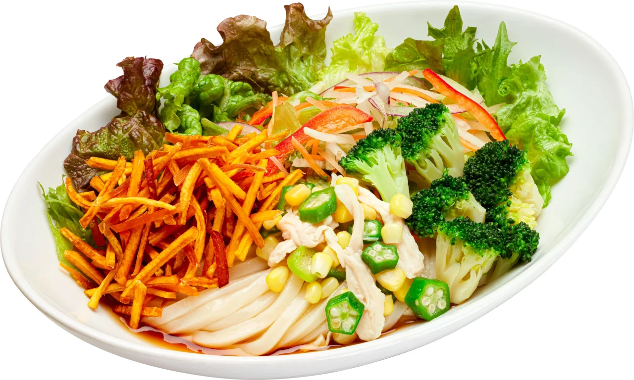 10種野菜のサラダうどん。ブロッコリーやレタス、細切り野菜がうどんの上に盛られた様子。