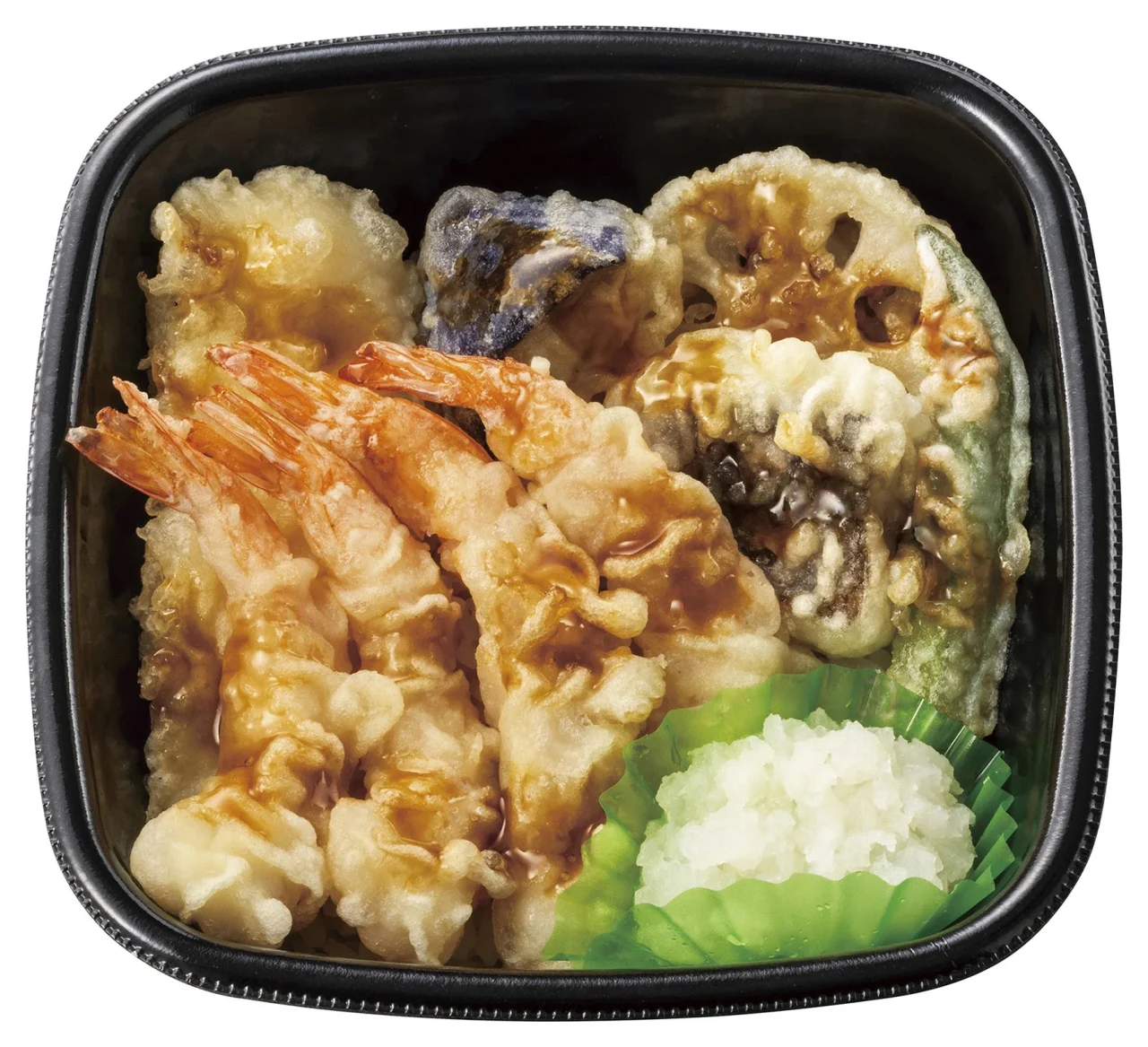 海鮮天丼シリーズ商品の一つ。エビやイカ、野菜の天ぷらを盛り付けた弁当