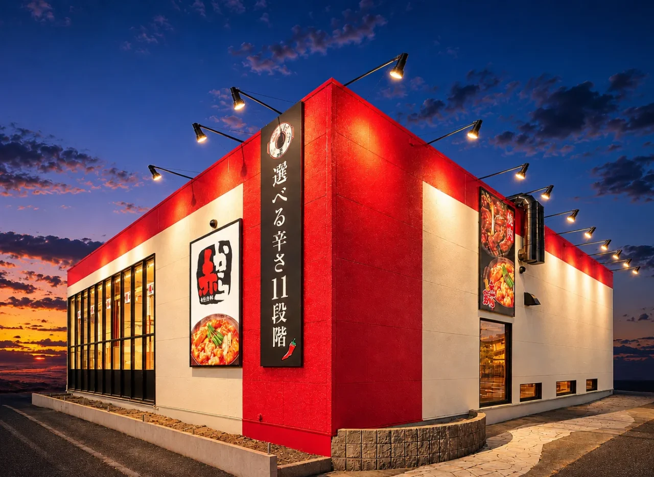 夕暮れ時の赤から店舗外観。赤と白の建物に看板が掲げられている