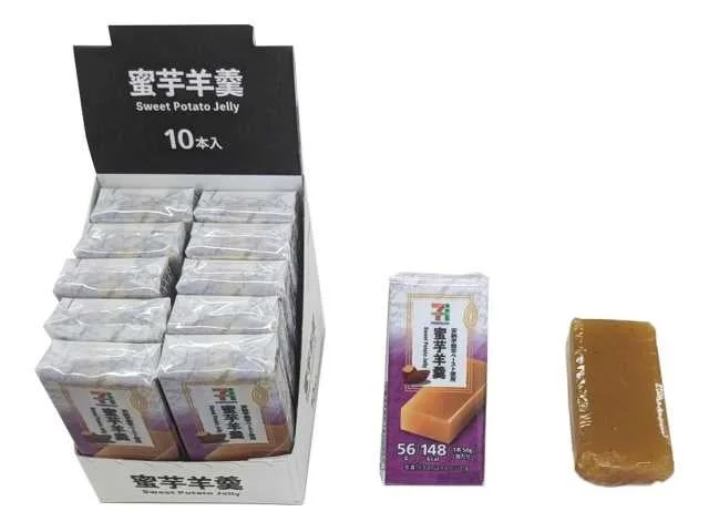 セブンプレミアム 蜜芋羊羹の陳列棚と個包装、羊羹本体