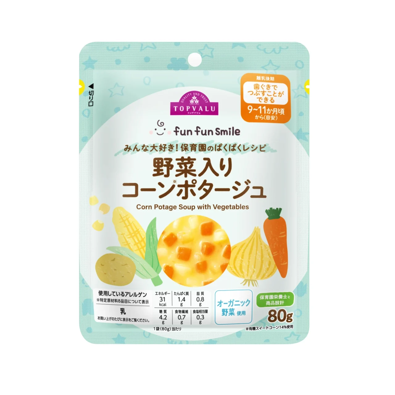トップバリュfun fun smile 野菜入りコーンポタージュのパッケージ