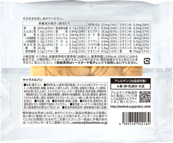キャラメルパンのパッケージ裏面(栄養成分表示)