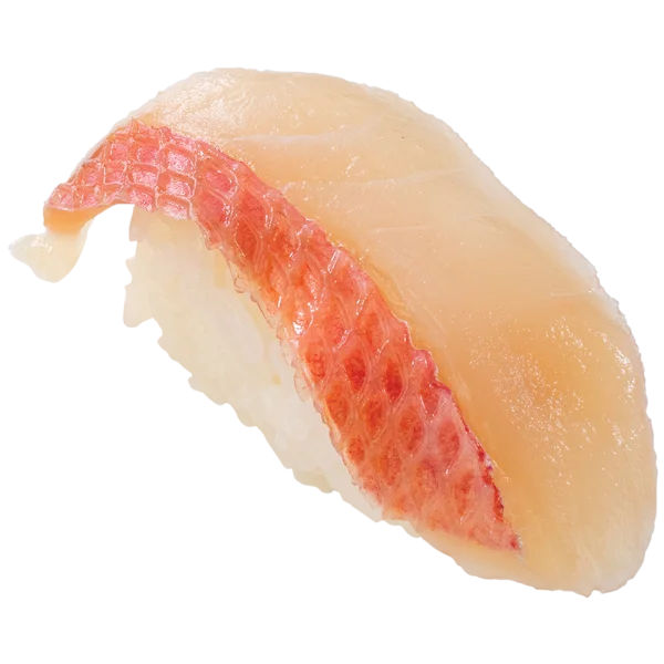 金目鯛の握り寿司。白身魚のネタに赤い皮が乗っている。