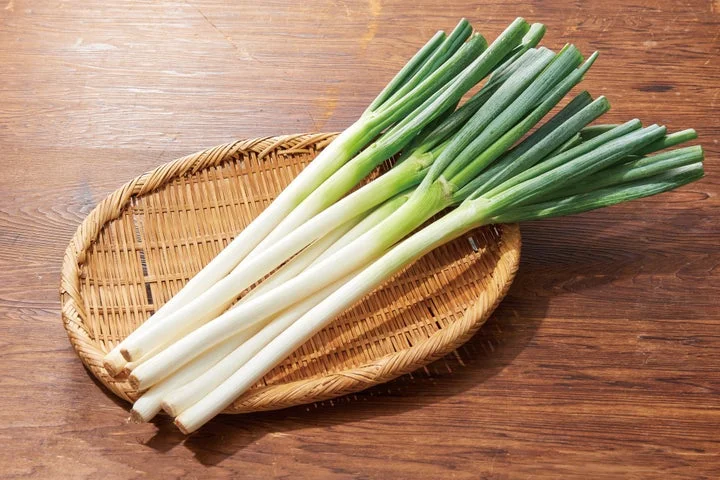 竹ざるの上に並べられた生の長ねぎ
