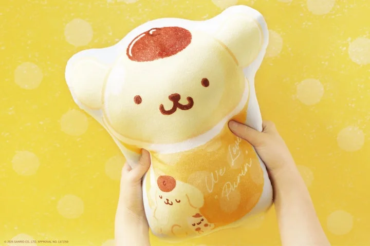 ポムポムプリンのクッションを持つ手元