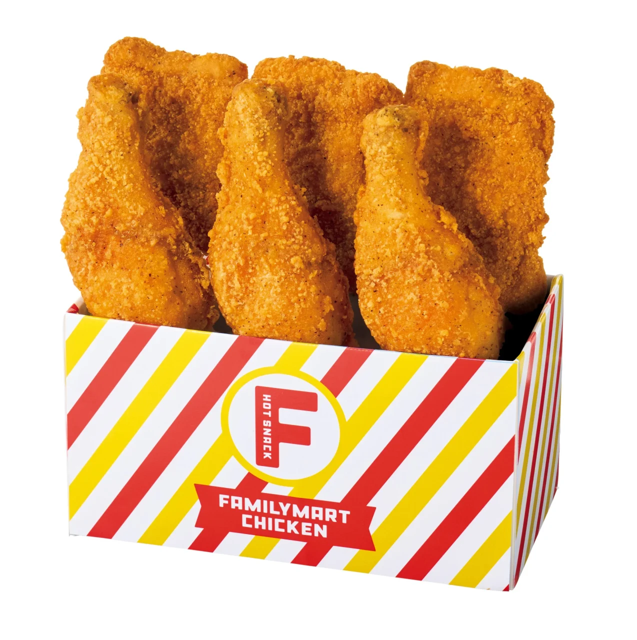 ファミリーマートのロゴ入り箱に盛られた衣付きの揚げチキン