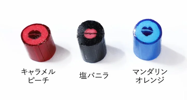 リップ柄のカラーティントキャンディ3種とフレーバー名