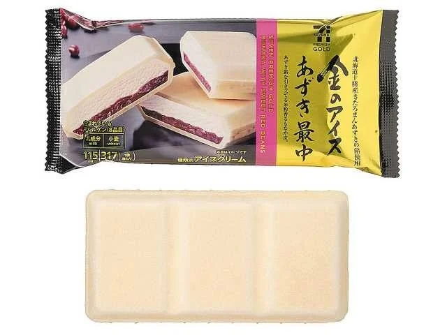金のアイスあずき最中のパッケージと、最中皮に包まれたアイスあんを写した画像