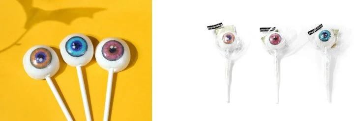 カラフルな瞳の目玉モチーフロリポップ3本と、個包装された同商品3個
