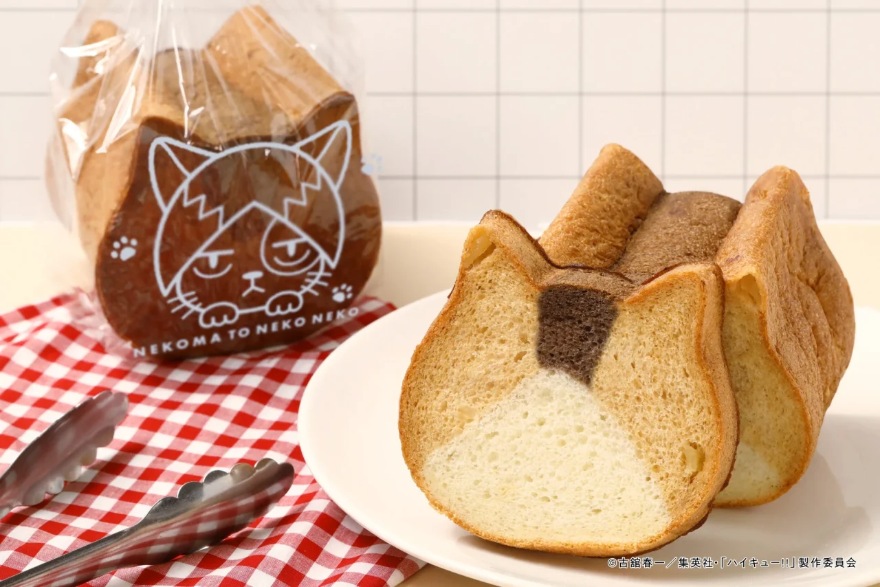 ねこねこ食パン ケンマネコの切り分け画像。猫の顔が描かれたパッケージと、キャラメルとブラックココアの2色食パンが写る。