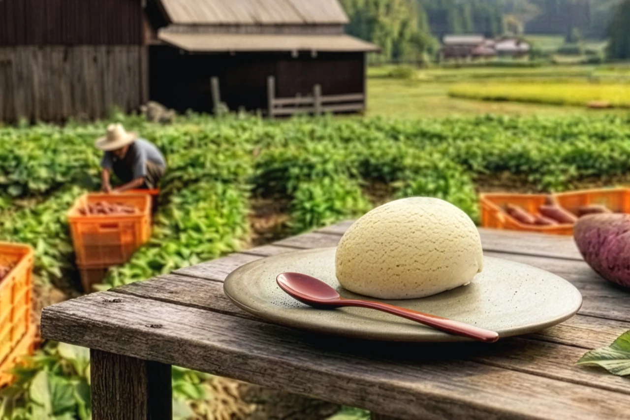 木製のテーブルに置かれた皿の上の紅はるかジェラートとスプーン