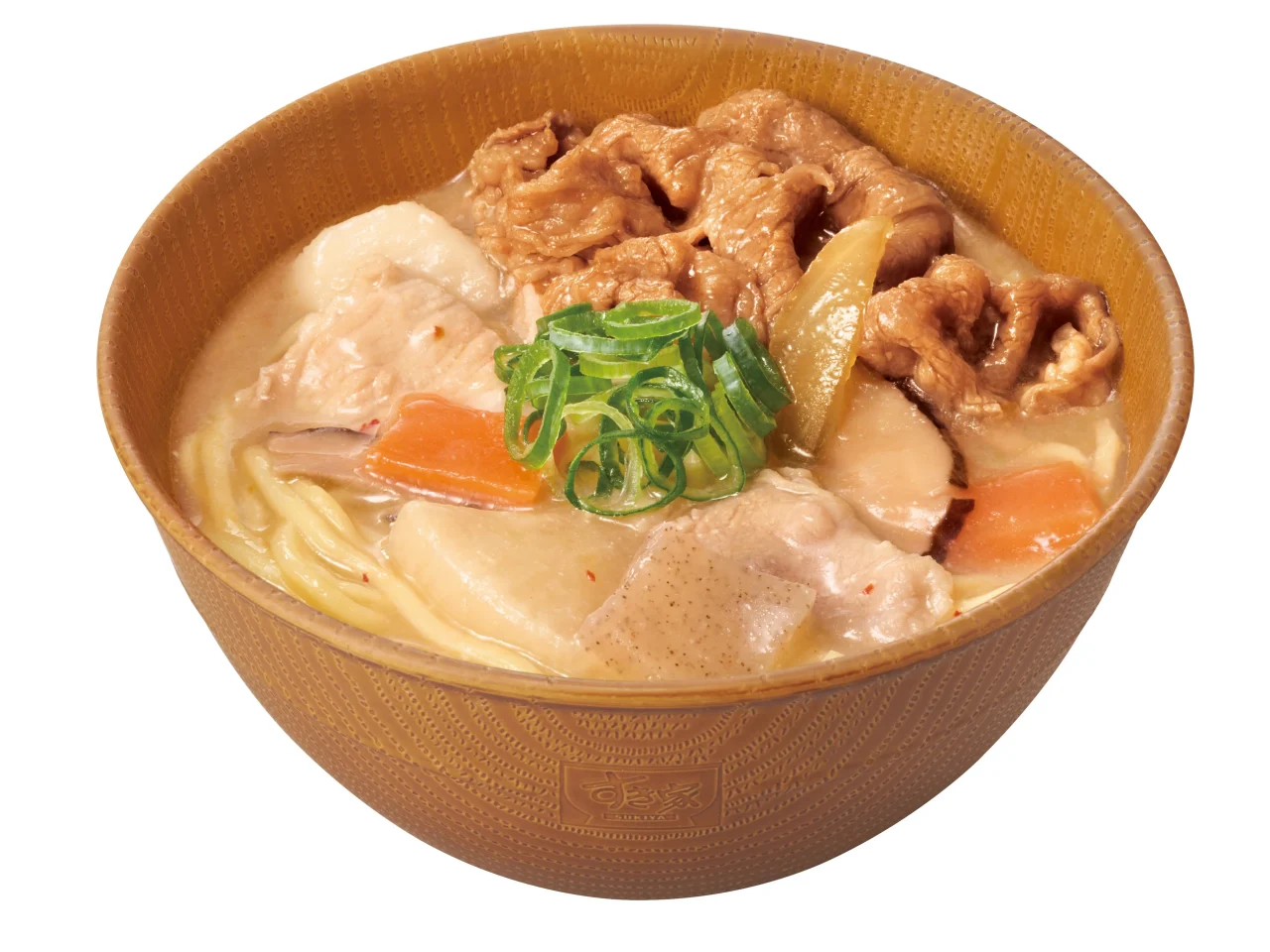 牛肉と青ねぎがのった、器入りの牛とん汁みそらーめん