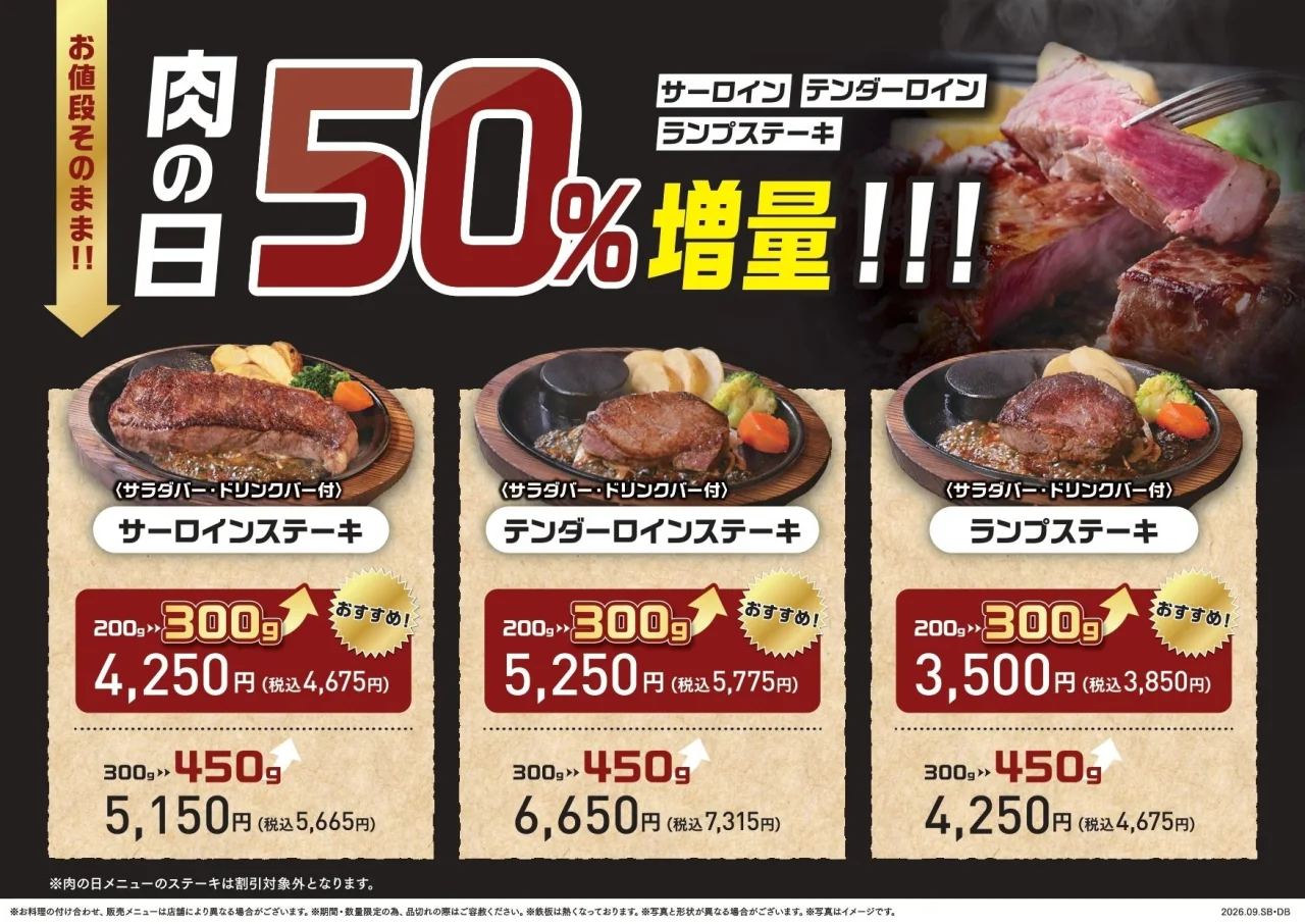 肉の日50%増量告知と3種のステーキ価格表