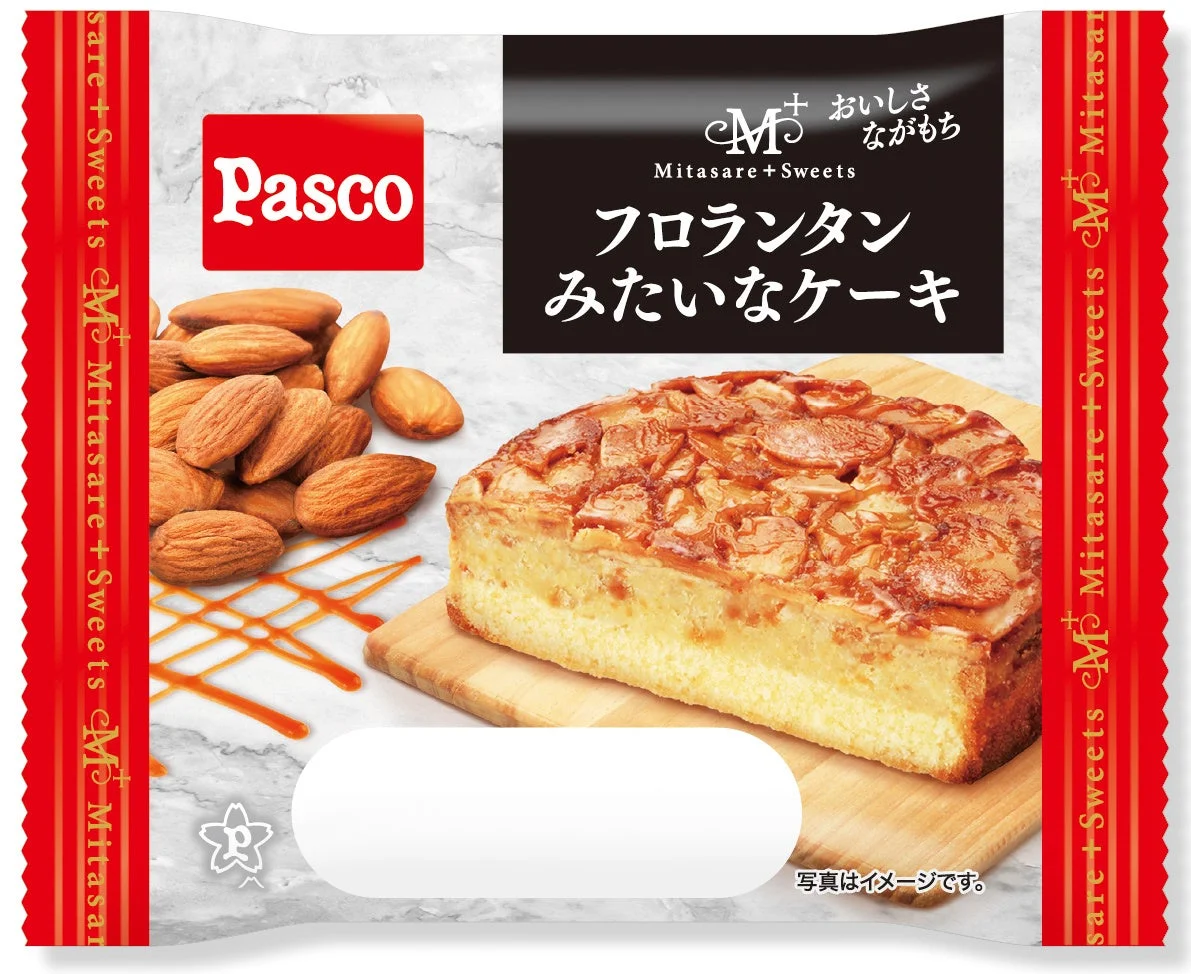 Pasco「フロランタンみたいなケーキ」のパッケージと、アーモンドをトッピングした焼き菓子の写真