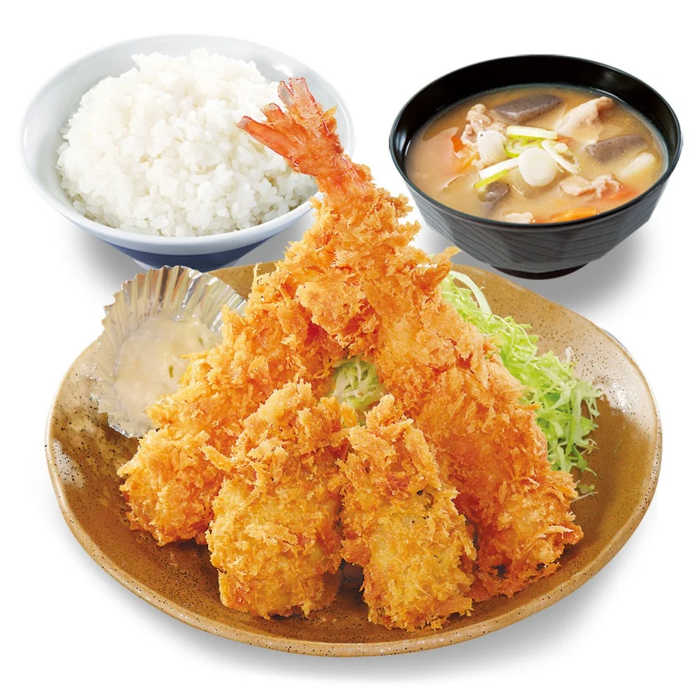 牡蠣と大海老の海鮮フライ定食。大海老フライと牡蠣フライ、ご飯、味噌汁