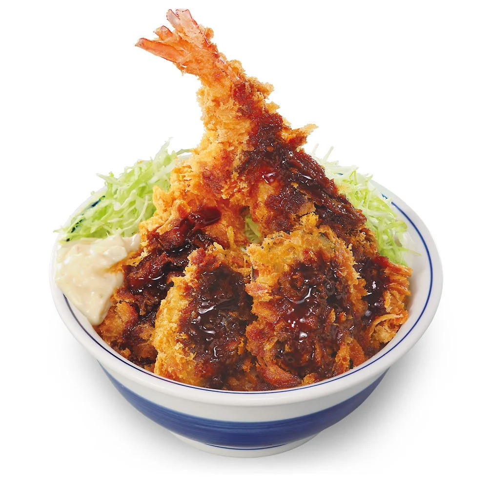 牡蠣と大海老の海鮮フライ丼。大海老フライと牡蠣フライを丼に盛り付けた商品写真。