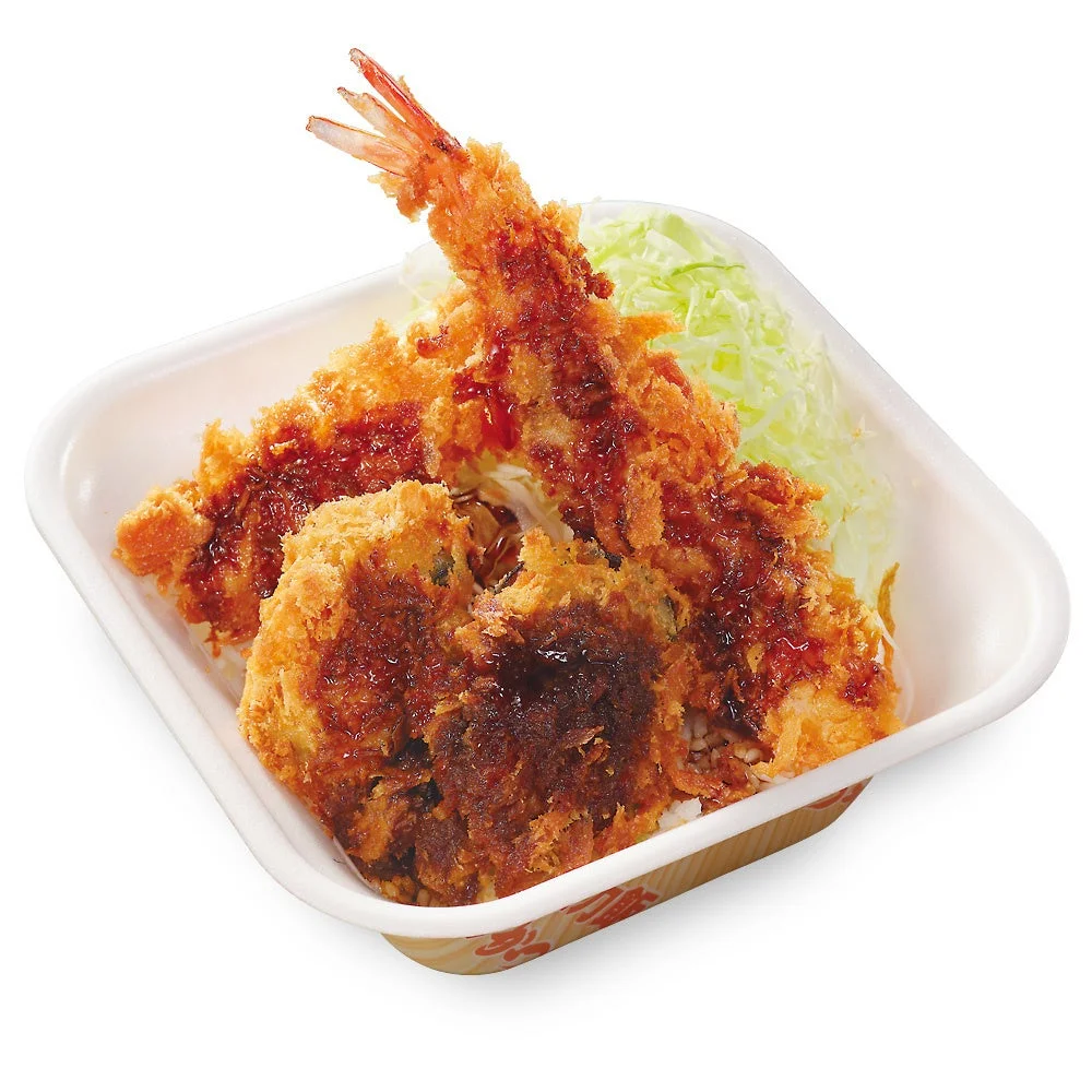 牡蠣と大海老の海鮮フライ丼弁当。海老フライと牡蠣フライが載った弁当