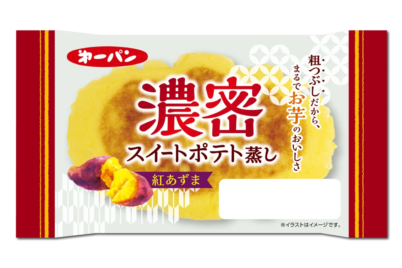 濃密スイートポテト蒸しのパッケージ。蒸しケーキと紅あずまのイラストが描かれている。