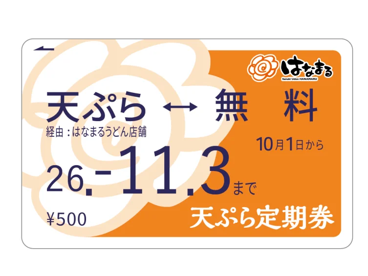 天ぷらおでん定期券のデザイン。期間や価格、はなまるロゴが記載されている。