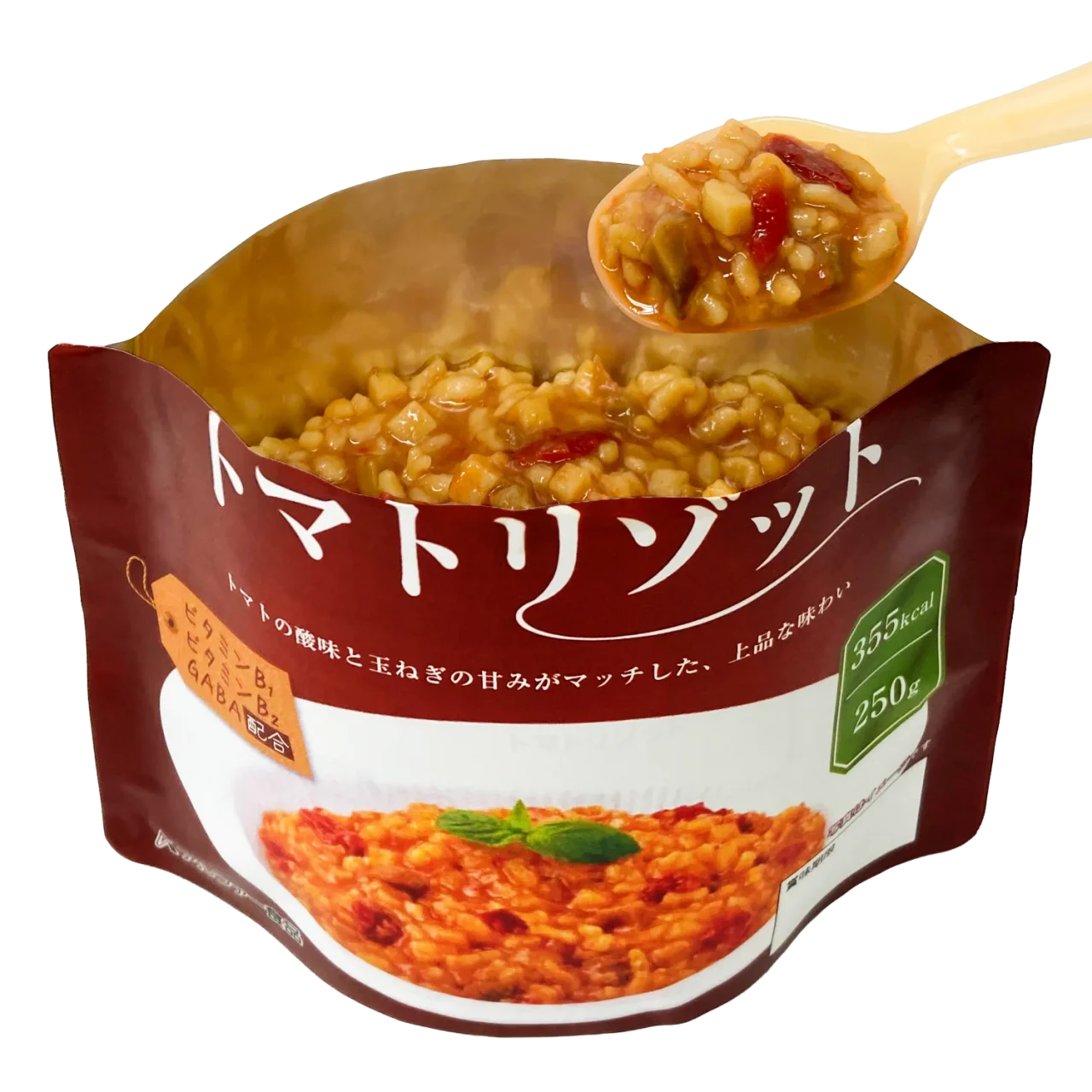 満足リゾット トマトリゾットの袋とスプーンに盛ったリゾット