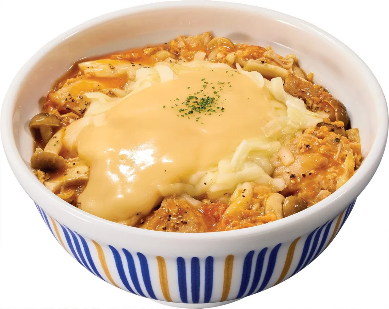 とろ~りチーズきのこ親子丼。チーズソースときのこが乗った丼