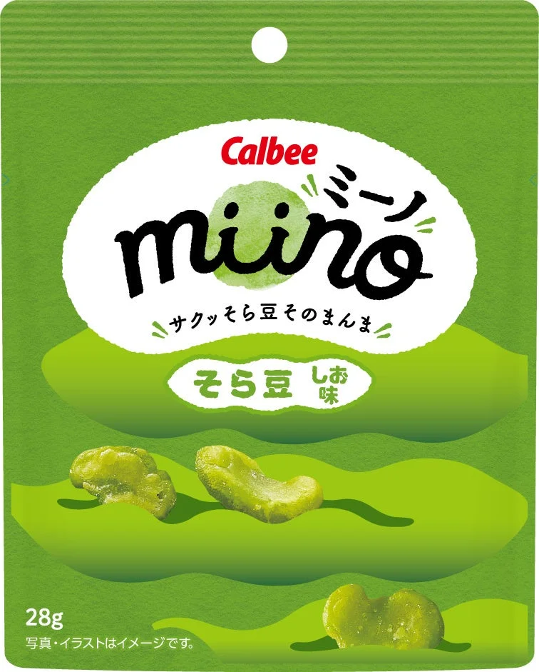 緑のパッケージにCalbee miinoとそら豆しお味の文字とそら豆のイラスト