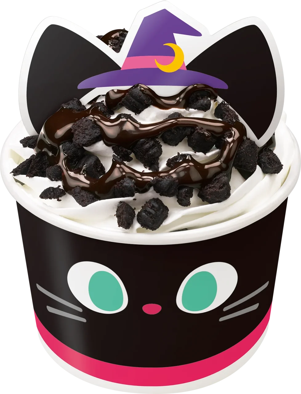 シングルにゃんデー。黒ねこ顔の容器にホイップ、チョコシロップ、ココアクッキー、魔女帽ピック