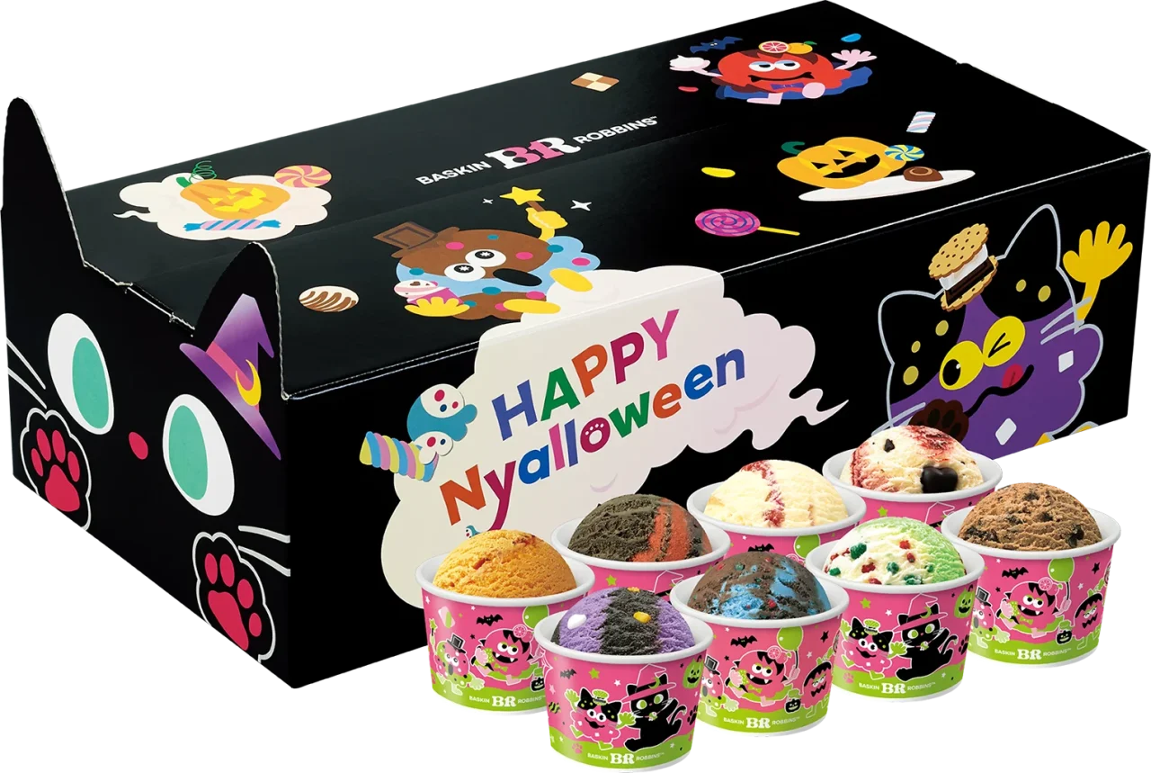 スぺにゃるセットの黒ねこデザインボックスと8個のアイスクリーム