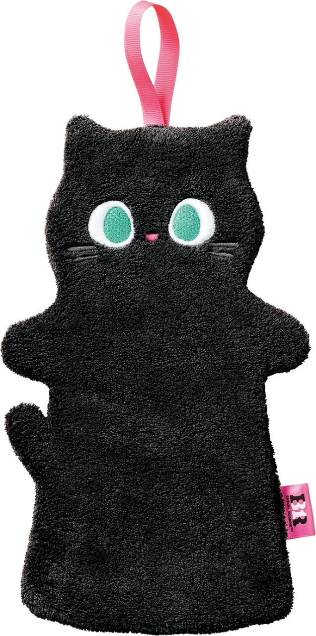 スぺにゃるセット付属の黒ねこタオル。緑の目とピンクの紐が特徴。