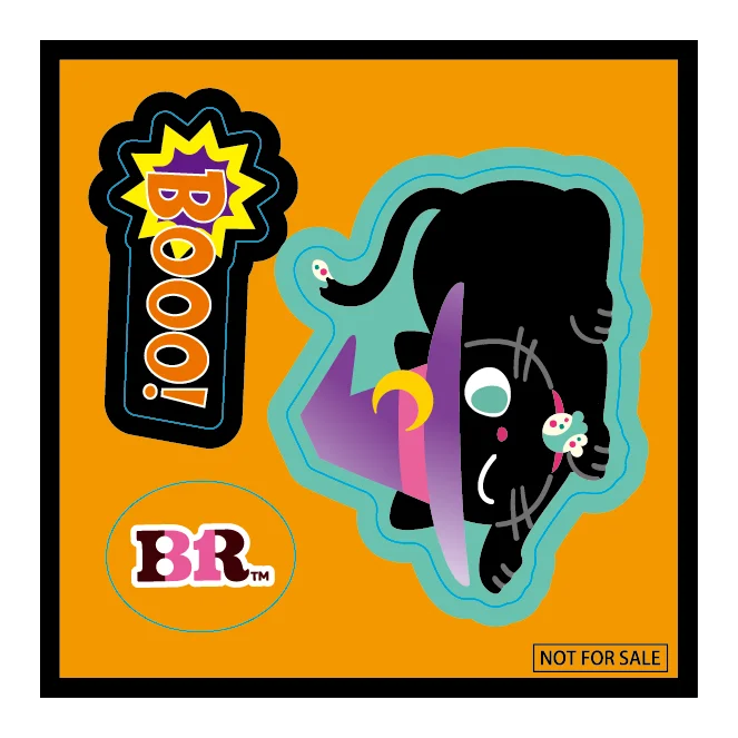 ハロウィンフェイスシールのデザイン。黒ねことBRロゴ、Boo!の文字が描かれている。