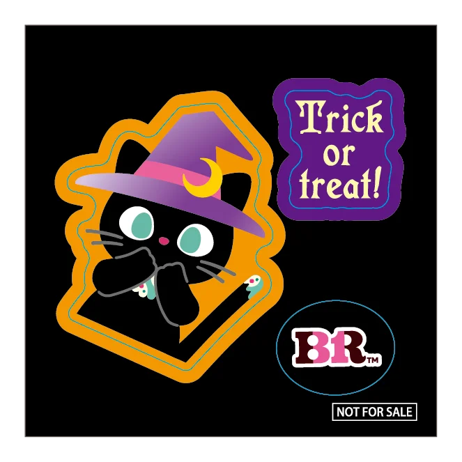 黒ねこが描かれたハロウィンフェイスシールとBRロゴ