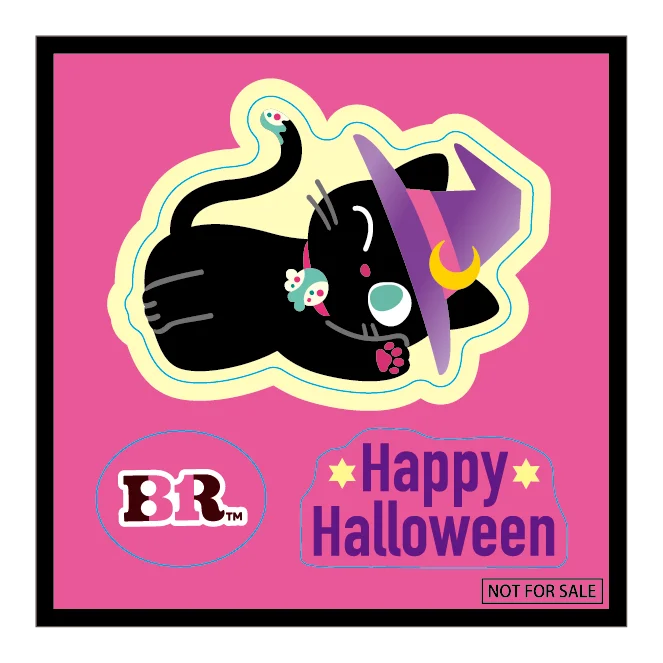 ハロウィンオリジナルデザインのフェイスシール。黒ねことBRロゴ、Happy Halloweenの文字が描かれている。