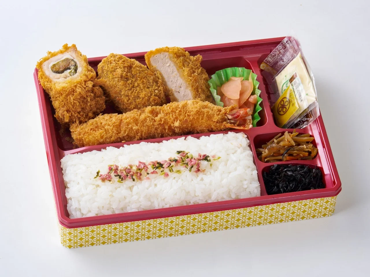 高知県産みょうがの巻きかつなど揚げ物とご飯が入った秋のよくばり弁当