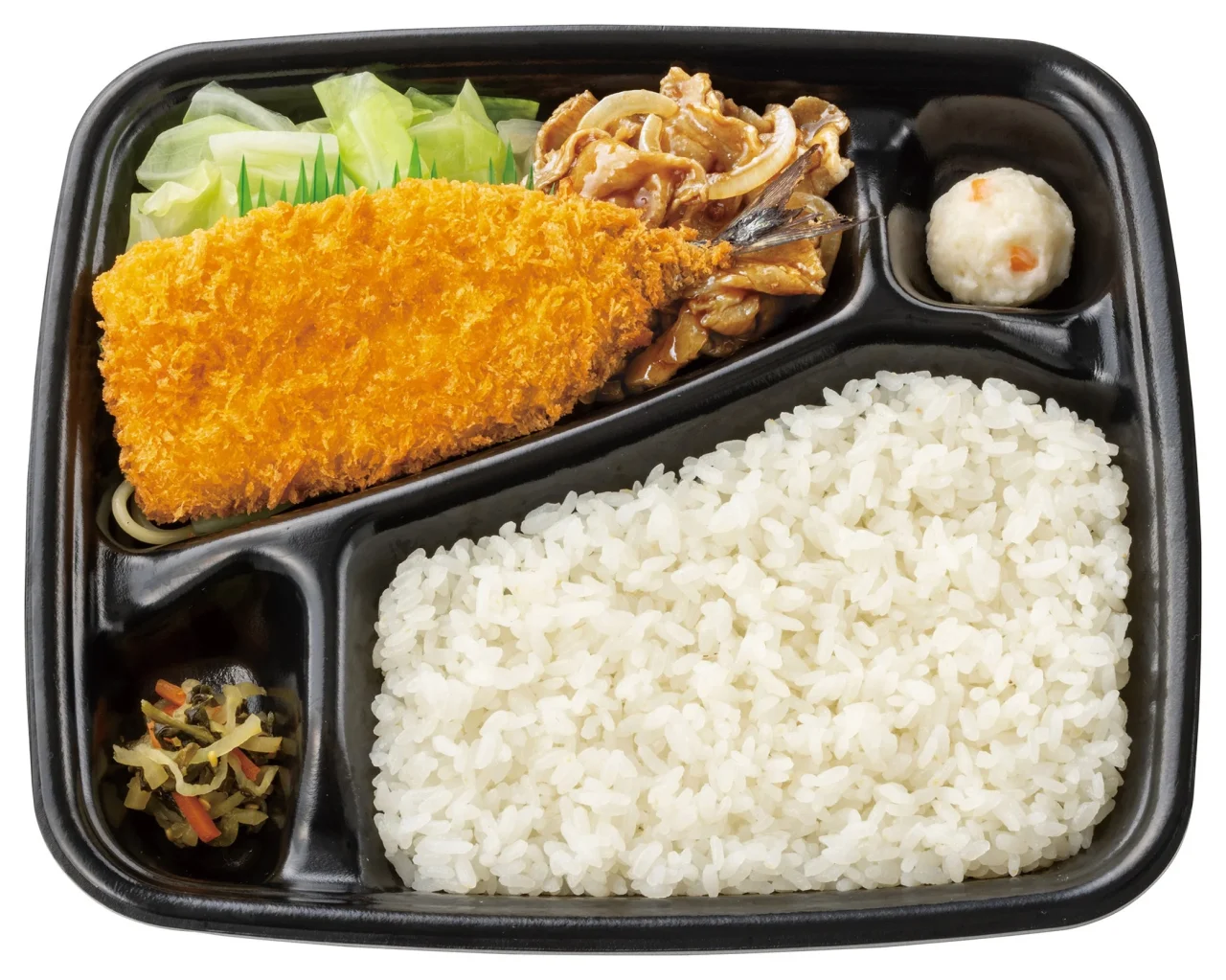 さんまフライとしょうが焼きが乗った黒い弁当箱