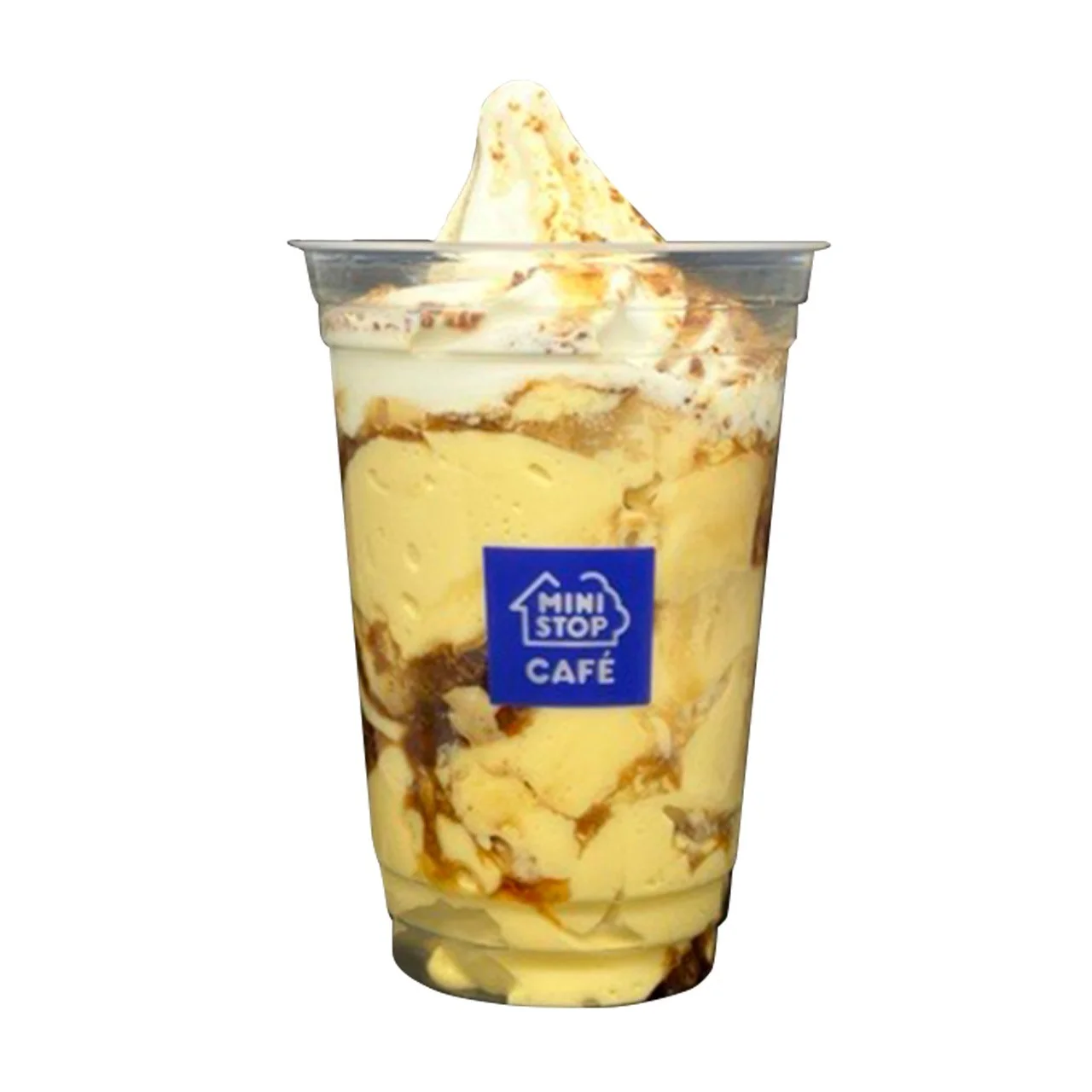 プリン3倍!パフェのイメージ画像。透明なカップにプリンとソフトクリームが層状に入っている。