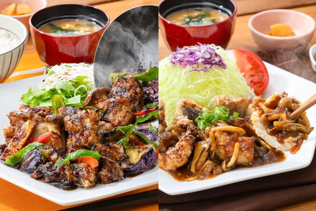 大戸屋の秋季限定フェア『秋の発酵ごはん』の2品、鶏と茄子のコクうま豆豉炒めと茸のたまり醤油バターソース メヌケの竜田揚げの定食