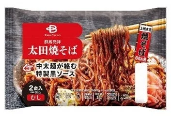 Beisia Premium 太田焼そば 2食入りのパッケージと、黒いソースが絡んだ麺のアップ