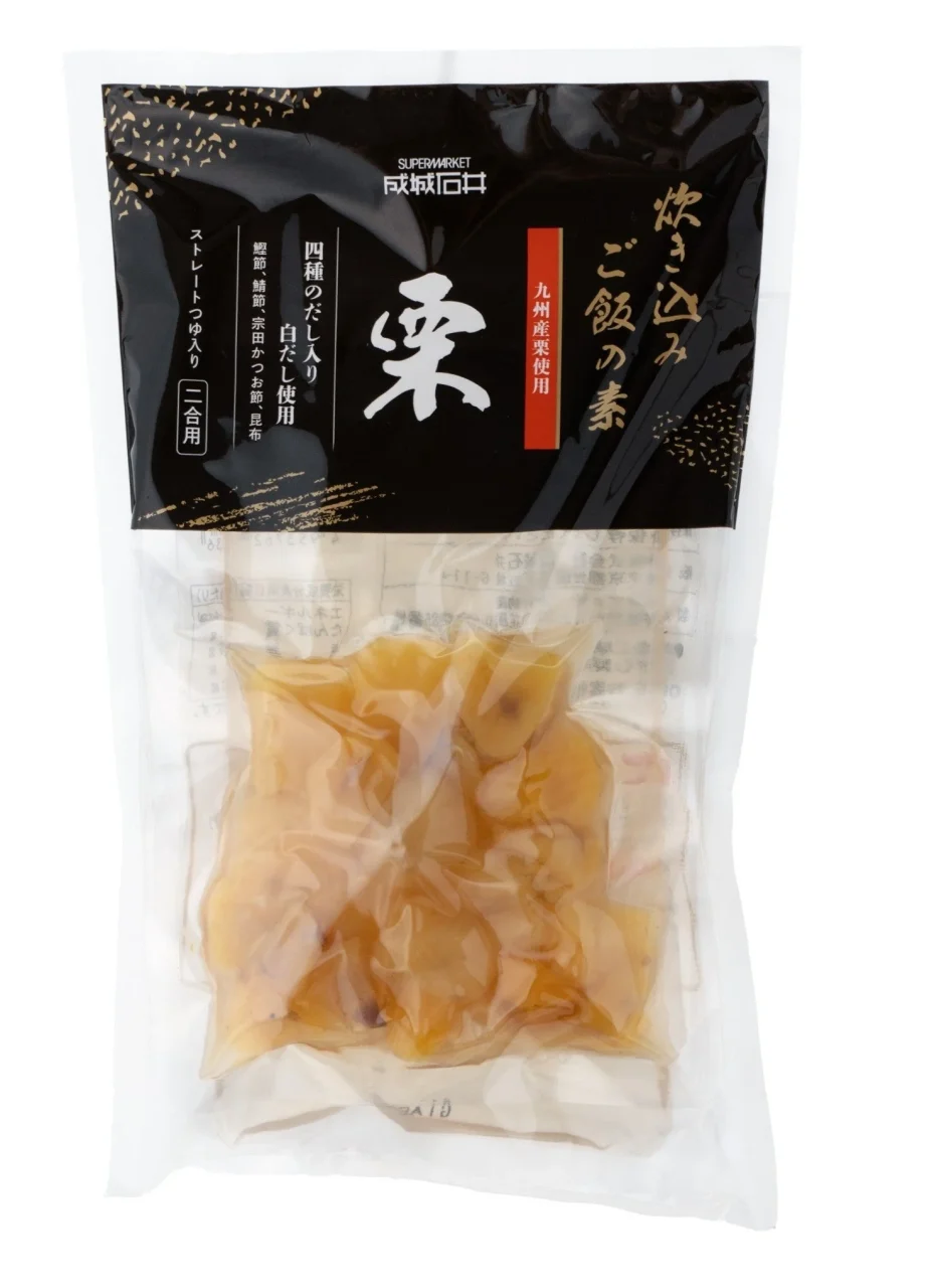 成城石井 炊き込みご飯の素 栗のパッケージと、透明袋に入った甘露煮栗