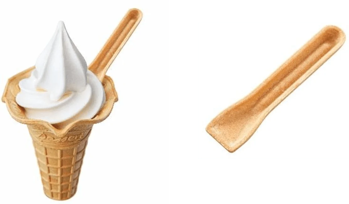 ソフトクリームを食べるスプーンと、コーンに入ったソフトクリームの商品画像