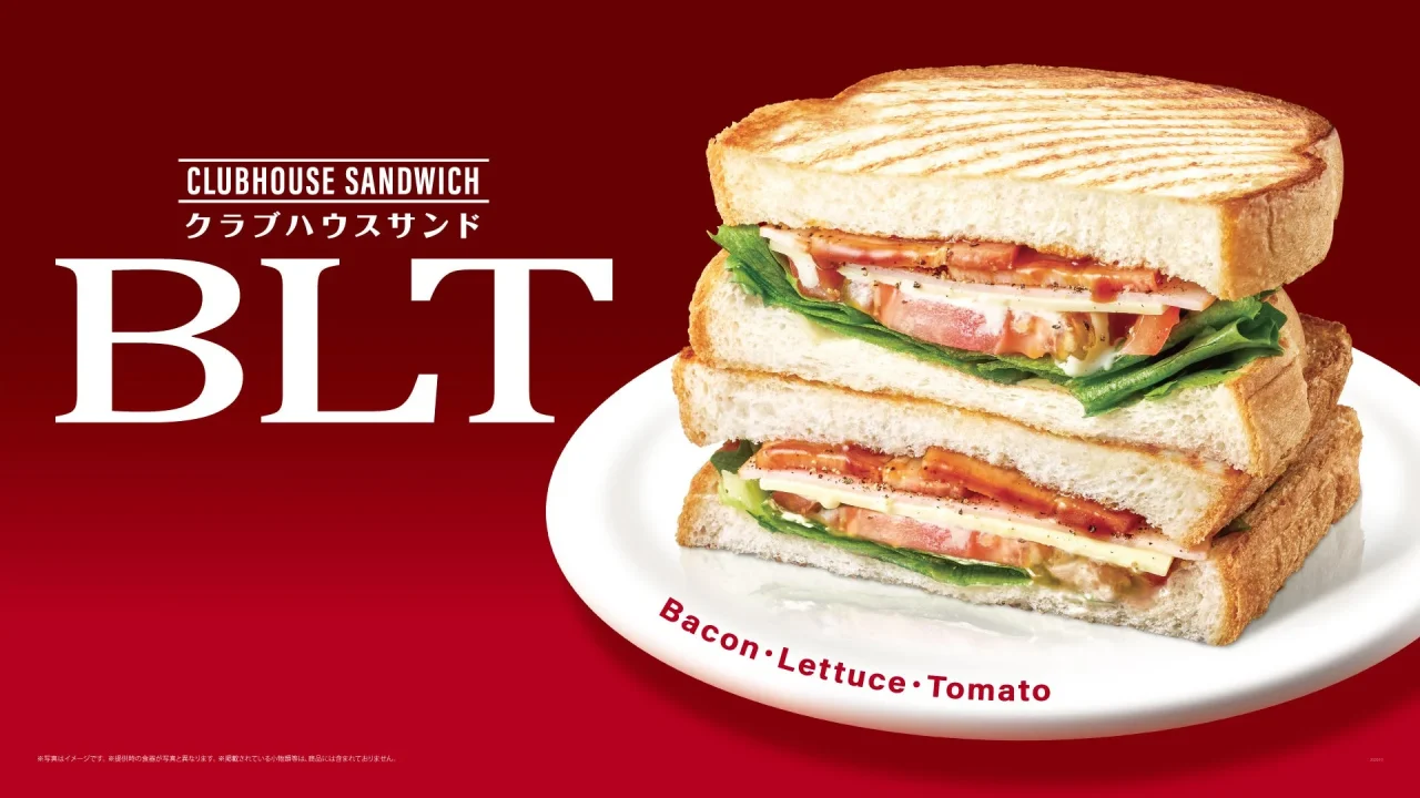 クラブハウスサンド BLTの告知ビジュアル。トーストサンドが盛り付けられ、商品名やBacon・Lettuce・Tomatoの文字が確認できる。