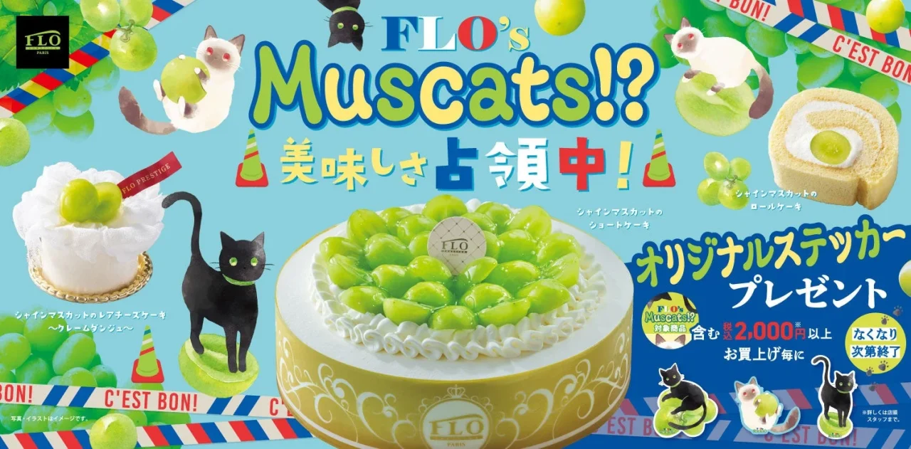 FLO’s MusCats！？美味しさ占領中！の告知ビジュアル。猫とシャインマスカットケーキが描かれています。