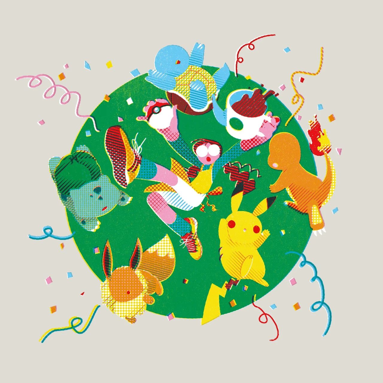 一乗ひかる氏による描き下ろしアート。円形構図にポケモンと人物が描かれたイラスト。
