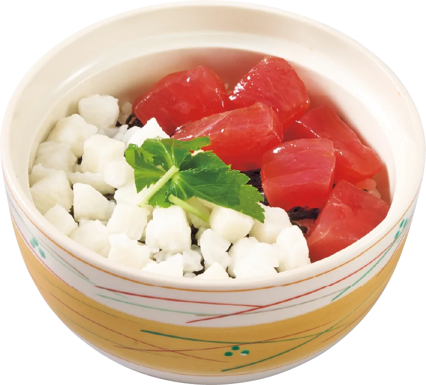 ミニ漬け鮪と山芋丼。赤身の漬け鮪と白い山芋を盛り付けた丼。