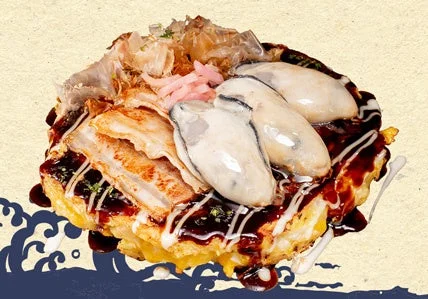 関西風牡蠣お好み焼き。牡蠣をトッピングし、ソースとマヨネーズをかけたお好み焼き。