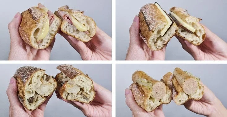 スターバックス バゲットサンドの断面を手に持った4枚の画像
