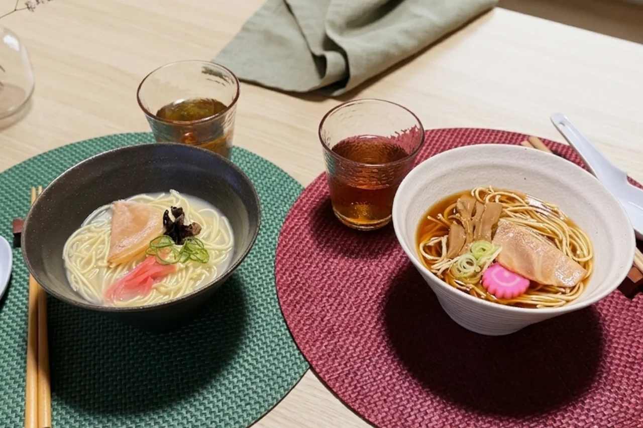 からだ日和 豚骨ラーメンと醤油ラーメンの完成品を丼に盛り付けた様子