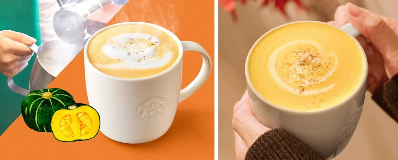 パンプキン スープチーノ®の白いカップと、かぼちゃの素材