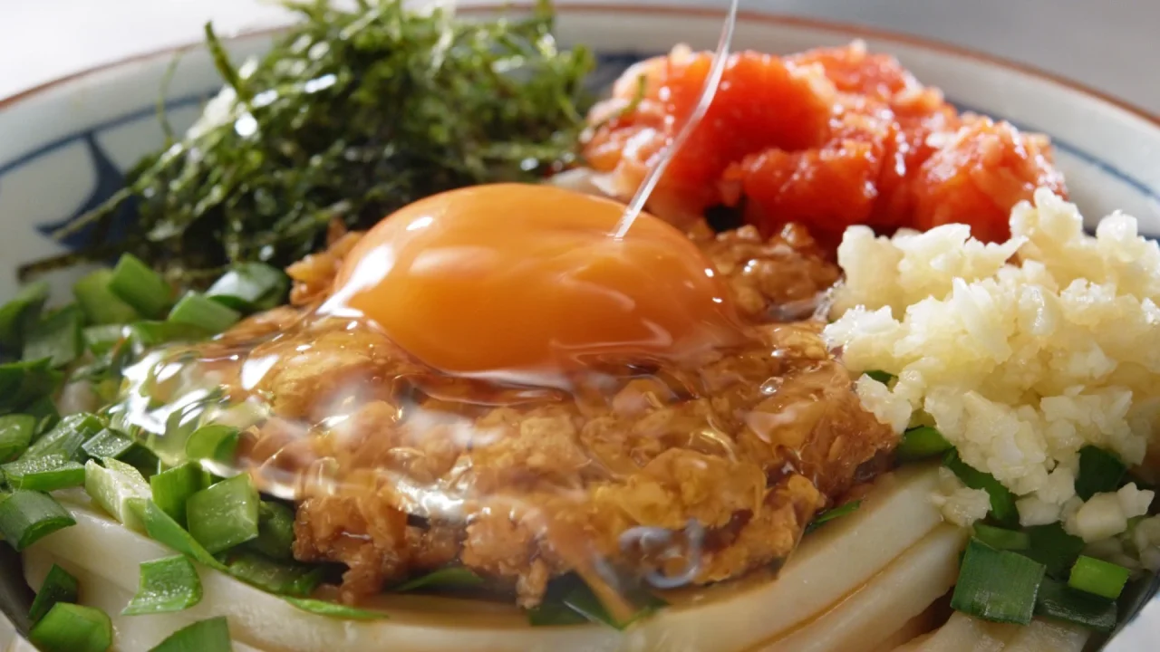 肉辛まぜうどんの具材と玉子が乗ったうどんのTVCMカット