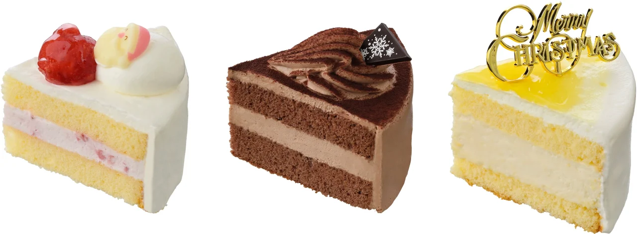 6つのクリスマスアソートの一部。左から苺ショート、チョコレートケーキ、レアチーズの断面。