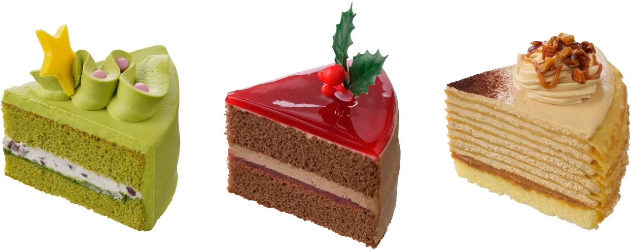 6つのクリスマスアソートの抹茶シフォン、苺ショコラ、キャラメルミルクレープ